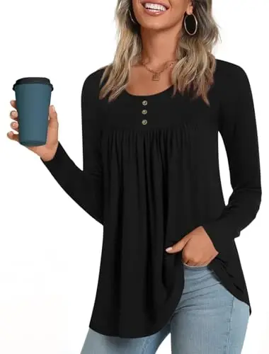POPYOUNG Women's Long Sleeves Tunic Tops to Wear with Leggings Loose Fit Dressy Empire Waist Fall Tops - 1