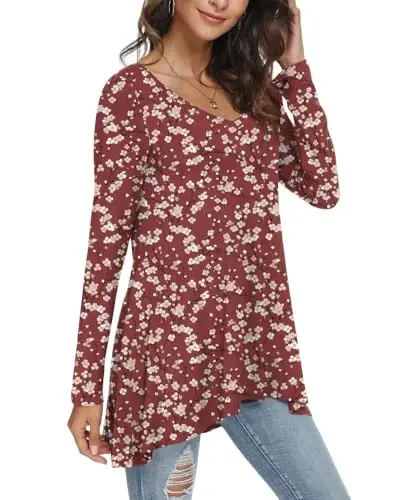 POPYOUNG Women's Long Sleeve Tunic Tops Fall Shirts to Wear with Leggings Loose Fit Dressy V-Neck Blouse M-5XL - 2
