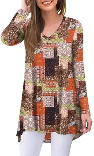 POPYOUNG Women's Long Sleeve Tunic Tops Fall Shirts to Wear with Leggings Loose Fit Dressy V-Neck Blouse M-5XL 