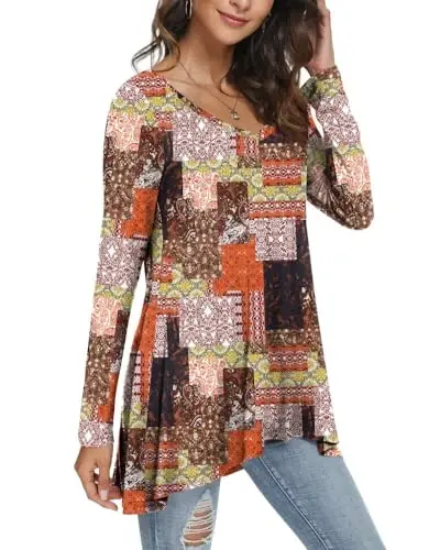 POPYOUNG Women's Long Sleeve Tunic Tops Fall Shirts to Wear with Leggings Loose Fit Dressy V-Neck Blouse M-5XL - 2