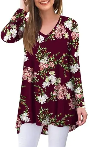 POPYOUNG Women's Long Sleeve Tunic Tops Fall Shirts to Wear with Leggings Loose Fit Dressy V-Neck Blouse M-5XL 