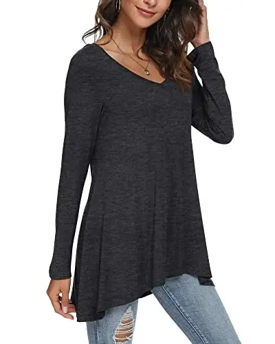 POPYOUNG Women's Long Sleeve Tunic Tops Fall Shirts to Wear with Leggings Loose Fit Dressy V-Neck Blouse M-5XL - 2