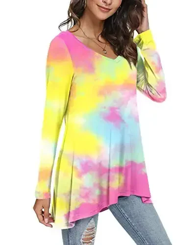 POPYOUNG Women's Long Sleeve Tunic Tops Fall Shirts to Wear with Leggings Loose Fit Dressy V-Neck Blouse M-5XL - 2