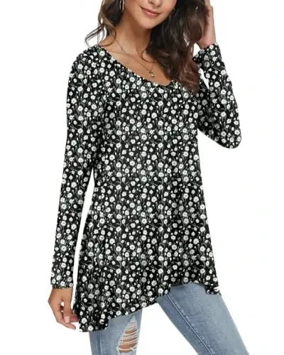 POPYOUNG Women's Long Sleeve Tunic Tops Fall Shirts to Wear with Leggings Loose Fit Dressy V-Neck Blouse M-5XL - 2