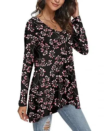 POPYOUNG Women's Long Sleeve Tunic Tops Fall Shirts to Wear with Leggings Loose Fit Dressy V-Neck Blouse M-5XL - 2
