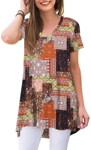 POPYOUNG Women's long Tunic Tops to Wear with Leggings Summer Short Sleeve Loose Fit Dressy Shirts M-5XL 