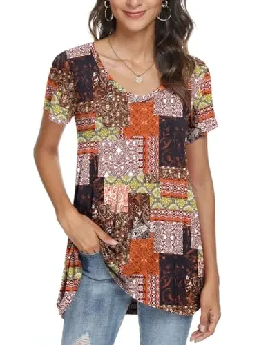 POPYOUNG Women's long Tunic Tops to Wear with Leggings Summer Short Sleeve Loose Fit Dressy Shirts M-5XL - 2