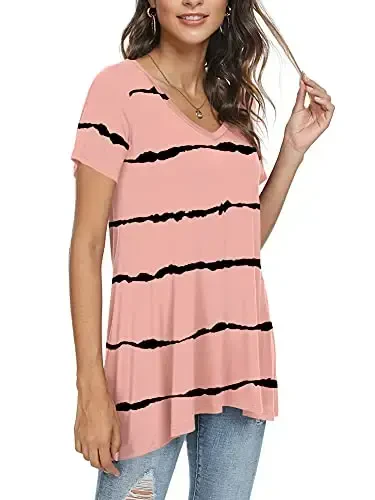 POPYOUNG Women's Long Tunic Tops to Wear with Leggings Summer Short Sleeve Loose Fit Dressy Shirts M-5XL - POPYOUNG (1)