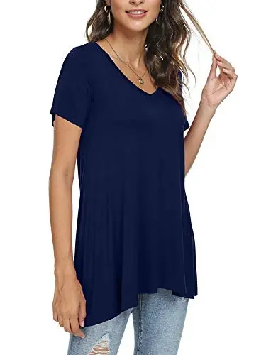 POPYOUNG Women's long Tunic Tops to Wear with Leggings Summer Short Sleeve Loose Fit Dressy Shirts M-5XL - 2