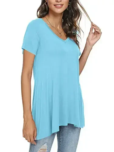 POPYOUNG Women's Long Tunic Tops to Wear with Leggings Summer Short Sleeve Loose Fit Dressy Shirts M-5XL - 2