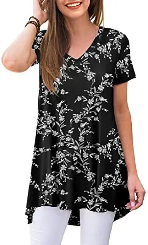 POPYOUNG Women's long Tunic Tops to Wear with Leggings Summer Short Sleeve Loose Fit Dressy Shirts M-5XL - 1