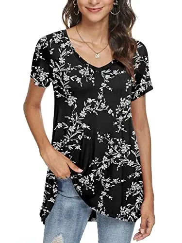 POPYOUNG Women's long Tunic Tops to Wear with Leggings Summer Short Sleeve Loose Fit Dressy Shirts M-5XL - 3