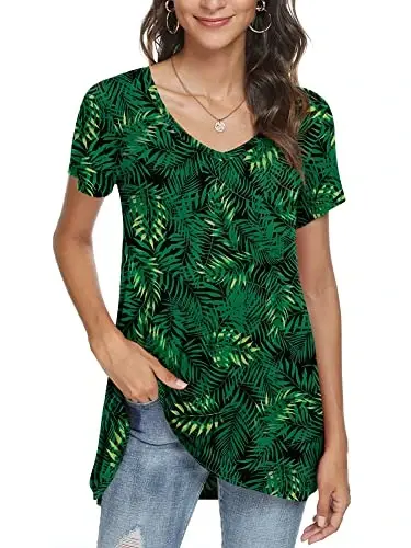 POPYOUNG Women's long Tunic Tops to Wear with Leggings Summer Short Sleeve Loose Fit Dressy Shirts M-5XL - 2