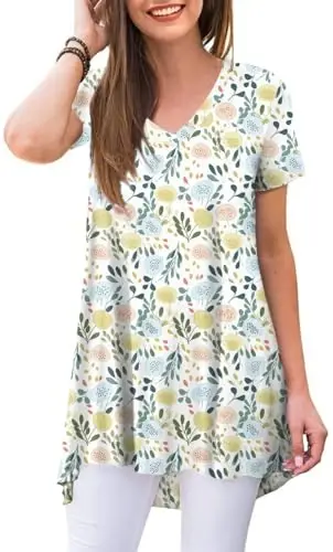 POPYOUNG Women's long Tunic Tops to Wear with Leggings Summer Short Sleeve Loose Fit Dressy Shirts M-5XL 