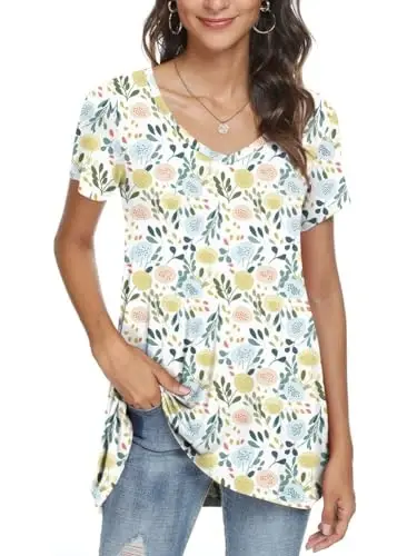 POPYOUNG Women's long Tunic Tops to Wear with Leggings Summer Short Sleeve Loose Fit Dressy Shirts M-5XL - 2