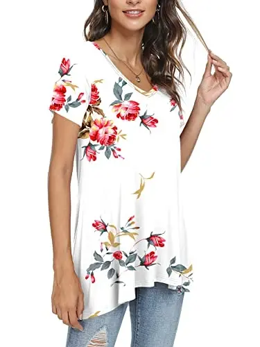 POPYOUNG Women's long Tunic Tops to Wear with Leggings Summer Short Sleeve Loose Fit Dressy Shirts M-5XL - 2