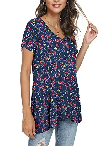 POPYOUNG Women's long Tunic Tops to Wear with Leggings Summer Short Sleeve Loose Fit Dressy Shirts M-5XL - 2