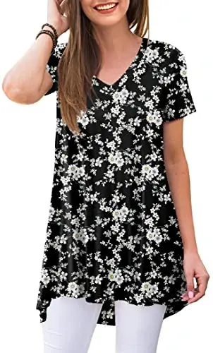POPYOUNG Women's long Tunic Tops to Wear with Leggings Summer Short Sleeve Loose Fit Dressy Shirts M-5XL 