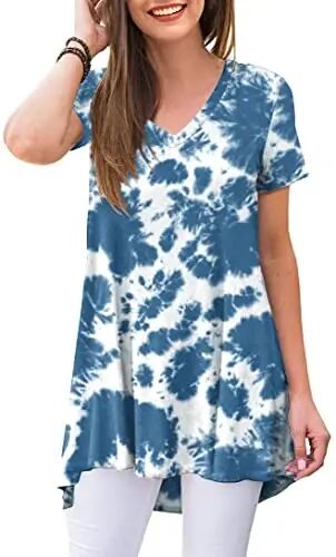 POPYOUNG Women Tunic Top Wear with Leggings Loose Fit Casual Shirts | Extra Long Outfits | Flowy Dressy | Country Concert | Fall Summer Vacation | Short Sleeve | V neck - POPYOUNG