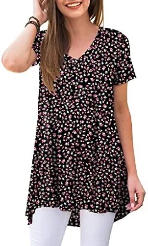 POPYOUNG Women Tunic Top Wear with Leggings Loose Fit Casual Shirts | Extra Long Outfits | Flowy Dressy | Country Concert | Fall Summer Vacation | Short Sleeve | V neck - POPYOUNG