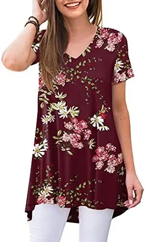 POPYOUNG Women Tunic Top Wear with Leggings Loose Fit Casual Shirts | Extra Long Outfits | Flowy Dressy | Country Concert | Fall Summer Vacation | Short Sleeve | V neck - POPYOUNG
