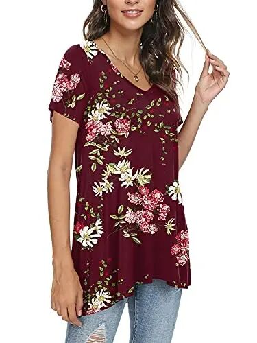 POPYOUNG Women Tunic Top Wear with Leggings Loose Fit Casual Shirts | Extra Long Outfits | Flowy Dressy | Country Concert | Fall Summer Vacation | Short Sleeve | V neck - 4