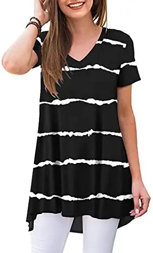 POPYOUNG Women Tunic Top Wear with Leggings Loose Fit Casual Shirts | Extra Long Outfits | Flowy Dressy | Country Concert | Fall Summer Vacation | Short Sleeve | V neck - POPYOUNG