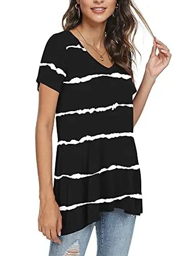 POPYOUNG Women Tunic Top Wear with Leggings Loose Fit Casual Shirts | Extra Long Outfits | Flowy Dressy | Country Concert | Fall Summer Vacation | Short Sleeve | V neck - 4