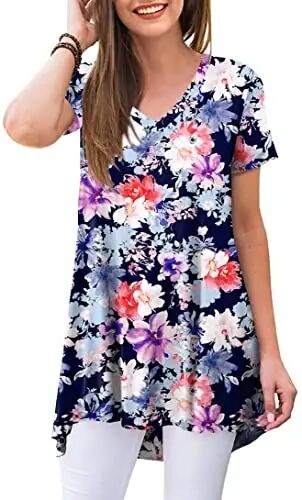 POPYOUNG Women Tunic Top Wear with Leggings Loose Fit Casual Shirts | Extra Long Outfits | Flowy Dressy | Country Concert | Fall Summer Vacation | Short Sleeve | V neck - 1