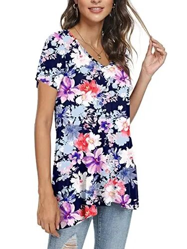 POPYOUNG Women Tunic Top Wear with Leggings Loose Fit Casual Shirts | Extra Long Outfits | Flowy Dressy | Country Concert | Fall Summer Vacation | Short Sleeve | V neck - 2