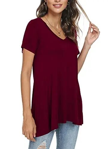 POPYOUNG Women Tunic Top Wear with Leggings Loose Fit Casual Shirts | Extra Long Outfits | Flowy Dressy | Country Concert | Fall Summer Vacation | Short Sleeve | V neck - POPYOUNG (1)