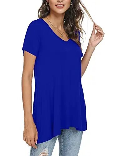 POPYOUNG Women Tunic Top Wear with Leggings Loose Fit Casual Shirts | Extra Long Outfits | Flowy Dressy | Country Concert | Fall Summer Vacation | Short Sleeve | V neck - POPYOUNG (1)