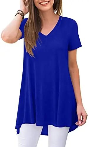 POPYOUNG Women Tunic Top Wear with Leggings Loose Fit Casual Shirts | Extra Long Outfits | Flowy Dressy | Country Concert | Fall Summer Vacation | Short Sleeve | V neck - POPYOUNG