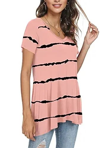 POPYOUNG Women Tunic Top Wear with Leggings Loose Fit Casual Shirts | Extra Long Outfits | Flowy Dressy | Country Concert | Fall Summer Vacation | Short Sleeve | V neck - POPYOUNG (1)