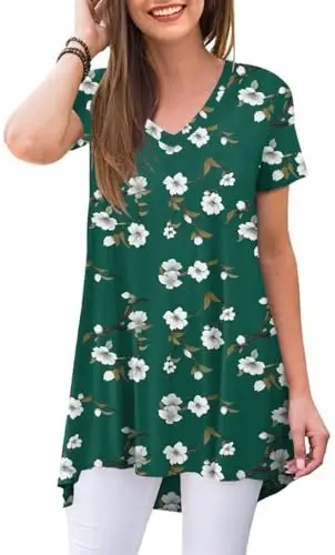 POPYOUNG Women Tunic Top Wear with Leggings Loose Fit Casual Shirts | Extra Long Outfits | Flowy Dressy | Country Concert | Fall Summer Vacation | Short Sleeve | V neck - 1