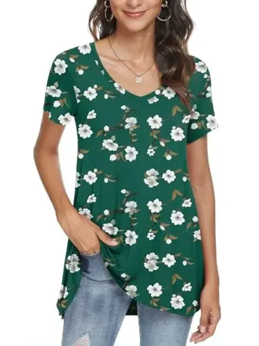 POPYOUNG Women Tunic Top Wear with Leggings Loose Fit Casual Shirts | Extra Long Outfits | Flowy Dressy | Country Concert | Fall Summer Vacation | Short Sleeve | V neck - 2