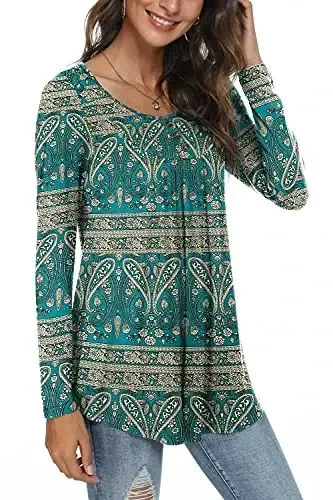 POPYOUNG Women's Casual Long Sleeve Tunic Tops Loose Fit Pleated Fall T-shirt Blouses - 1
