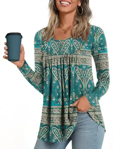 POPYOUNG Women's Casual Long Sleeve Tunic Tops Loose Fit Pleated Fall T-shirt Blouses - 3