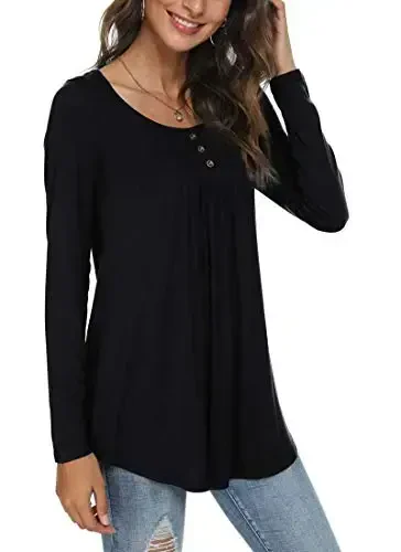 POPYOUNG Women's Casual Long Sleeve Tunic Tops Loose Fit Pleated Fall T-shirt Blouses - POPYOUNG