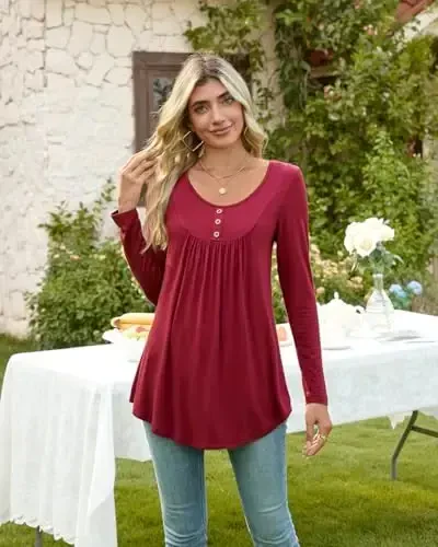 POPYOUNG Women's Casual Long Sleeve Tunic Tops Loose Fit Pleated Fall T-shirt Blouses - 5