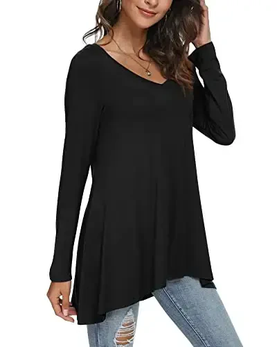 POPYOUNG Women's Long Sleeve Tunic Tops Fall Shirts to Wear with Leggings Loose Fit Dressy V-Neck Blouse M-5XL - 4