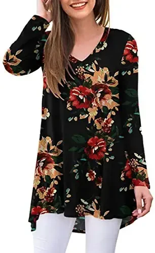 POPYOUNG Women's Long Sleeve Tunic Tops Fall Shirts to Wear with Leggings Loose Fit Dressy V-Neck Blouse M-5XL - MODAZONE