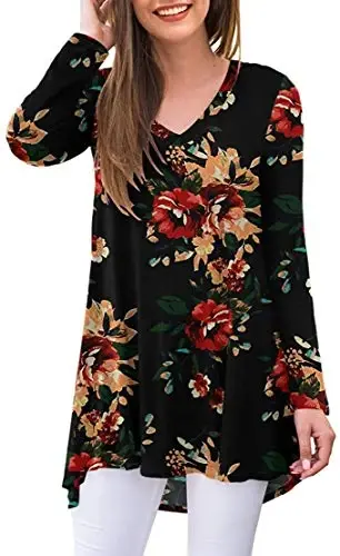 POPYOUNG Women's Long Sleeve Tunic Tops Fall Shirts to Wear with Leggings Loose Fit Dressy V-Neck Blouse M-5XL - 1