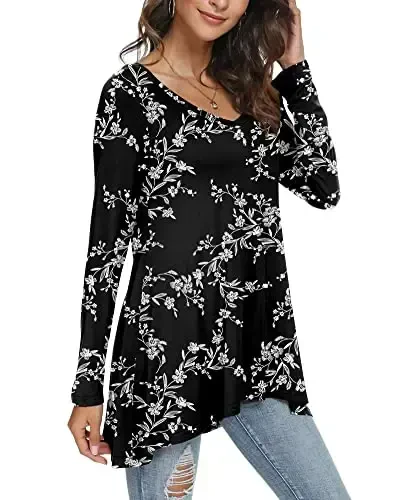 POPYOUNG Women's Long Sleeve Tunic Tops Fall Shirts to Wear with Leggings Loose Fit Dressy V-Neck Blouse M-5XL - 2