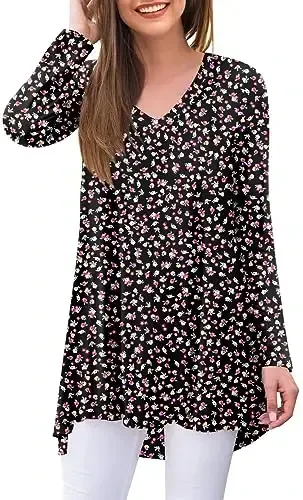 POPYOUNG Women's Long Sleeve Tunic Tops Fall Shirts to Wear with Leggings Loose Fit Dressy V-Neck Blouse M-5XL - 1
