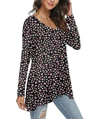 POPYOUNG Women's Long Sleeve Tunic Tops Fall Shirts to Wear with Leggings Loose Fit Dressy V-Neck Blouse M-5XL - 2