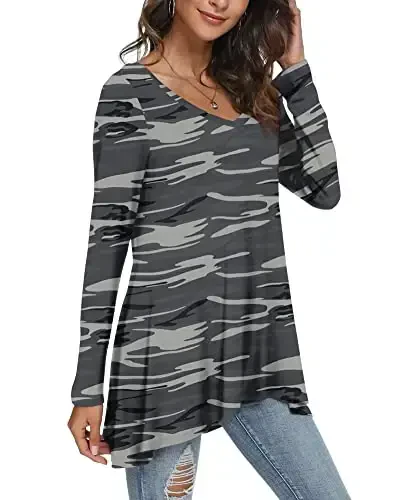 POPYOUNG Women's Long Sleeve Tunic Tops Fall Shirts to Wear with Leggings Loose Fit Dressy V-Neck Blouse M-5XL - 2