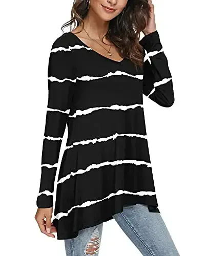 POPYOUNG Women's Long Sleeve Tunic Tops Fall Shirts to Wear with Leggings Loose Fit Dressy V-Neck Blouse M-5XL - 2