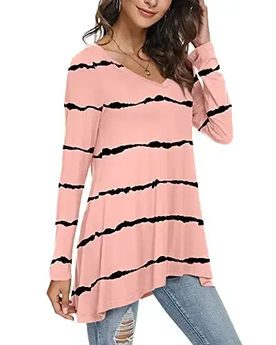POPYOUNG Women's Long Sleeve Tunic Tops Fall Shirts to Wear with Leggings Loose Fit Dressy V-Neck Blouse M-5XL - 2