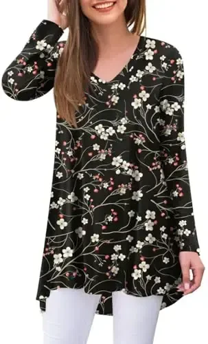 POPYOUNG Women's Long Sleeve Tunic Tops Fall Shirts to Wear with Leggings Loose Fit Dressy V-Neck Blouse M-5XL - 1